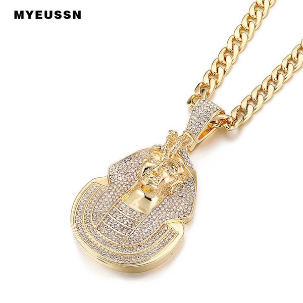 

huge pharaoh head pendant iced out bling bling crystal charm stainless steel chain pendants jewelry hip hop punk cubas necklace, Silver