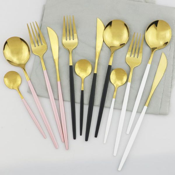 

dinnerware sets white gold flatware set 304 stainless steel cutlery knives fork dessert spoon dinner home party tableware silverware