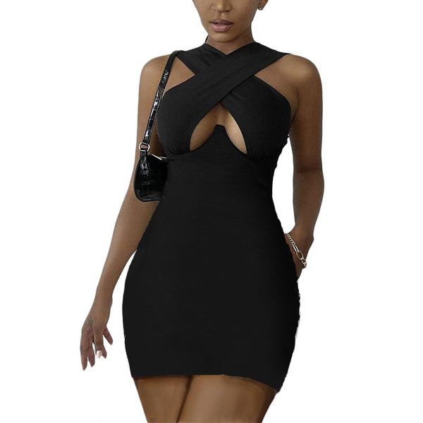 

casual dresses 2021 women summer criss cross sleeveless solid color cutout crop party club streetwear lady bustier dress, Black;gray
