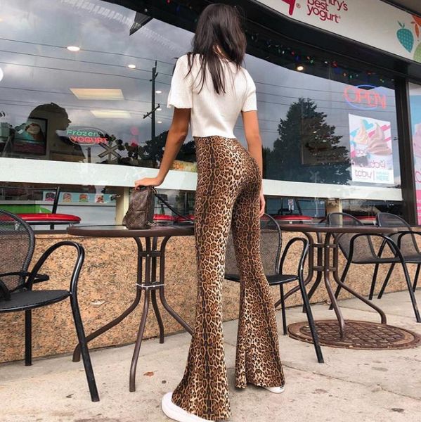 

european and american autumn pants 2021 elastic high waist leopard flared female long, Black;white