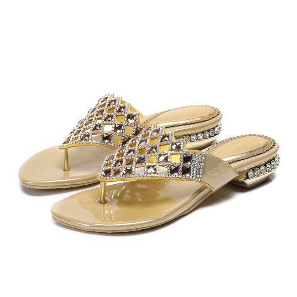 

slippers women summer thick low heel luxury rhinestone 3.5cm flip-flops large size, Black