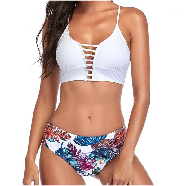 

women's swimwear bikini set slevesless v neck bra high waist leaf printing thong beachwear for women summer swimsuit biquini 2021, White;black