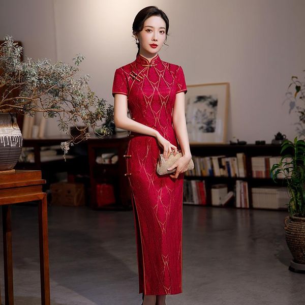 

ethnic clothing exquisite plaid lace cheongsam female qipao classic mandarin collar red chinese dress gown novelty party prom vestidos