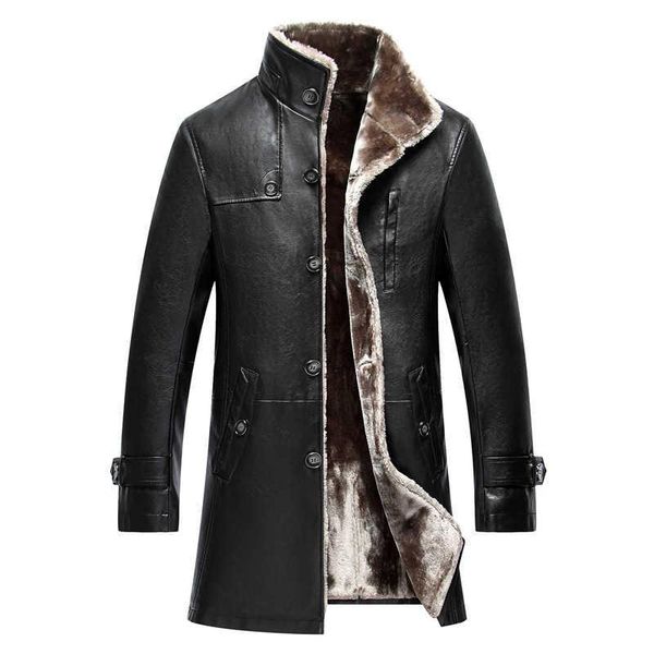 

men's leather & faux 2021 mens clothing winter coat sheep long sleeve button casual slim fit casacas de cuero office business jacket, Black