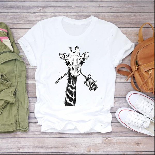 

cartoon giraffe flower valeninte fashion womens 90s print graphic tee, White