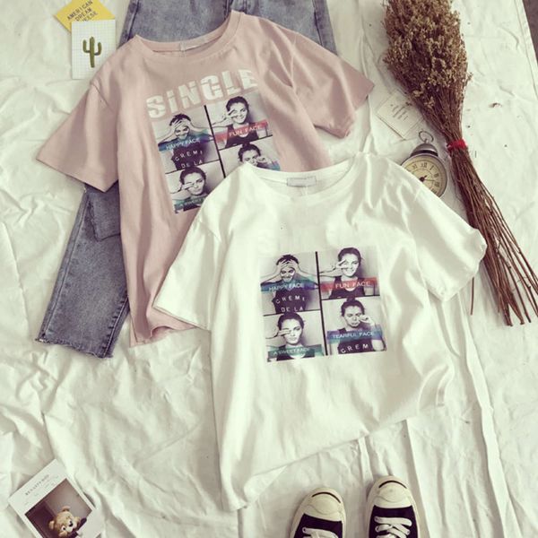 

women's t-shirt short female summer korean student bf style half loose versatile print sleeve dmgz, White