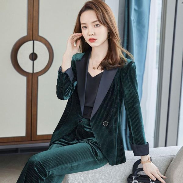 

women's two piece pants winter 2021 wide leg suit two-piece elegant gold velvet ladies blazer jacket waist trousers, White