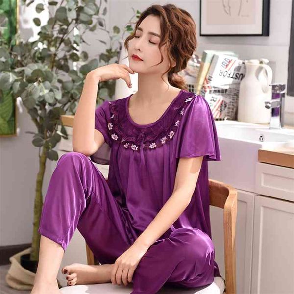 

summer women's plus big size ice silk short sleeve pants home wear pajamas two piece set 5xl 220kg 210330, Black;red