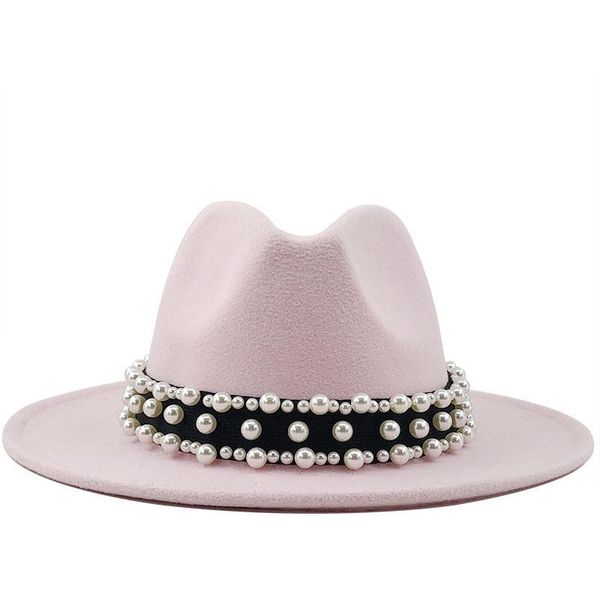 

men women wide brim wool felt fedora panama hat pearl belt jazz trilby cap party formal in white,black hats, Blue;gray