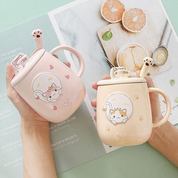 

mugs creative cartoon cute cat ceramic mug mobile phone holder with cup lid spoon office household coffee