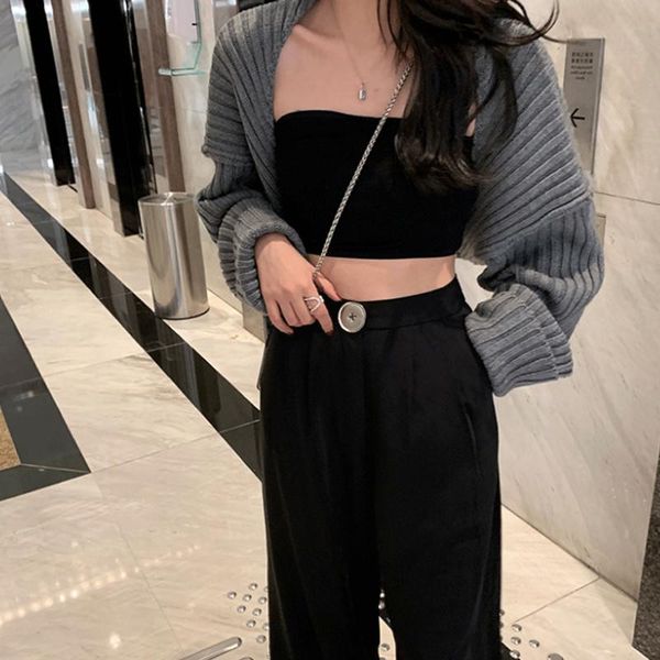 

women's knits & tees women batwing-sleeve cardigan knitted crop- loose casual short sweaters female fashion open-stitch retro solid, White