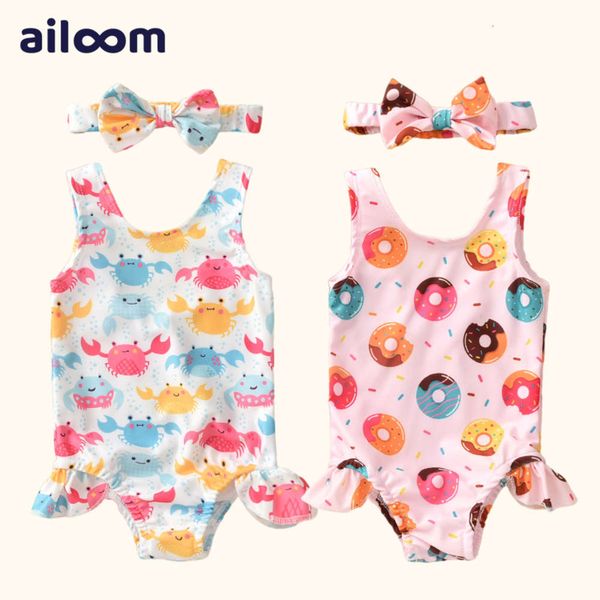 

children's suit substitute children's doughnut printed cartoon crab girl's one-piece swimsuit, Black