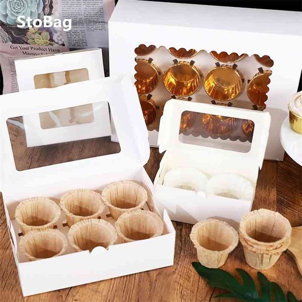 StoBag 10 Stück Marmor/Kraft/Weiß Cupcake-Box mit Fenster, Keksboxen, Schokoladendekoration, Weihnachtsgeschenkverpackung, Party-Geschenk 210724