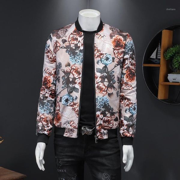 

men's jackets men spring autumn floral print jacket streetwear simple long sleeve retro casual coats mens stand collar bomber, Black;brown