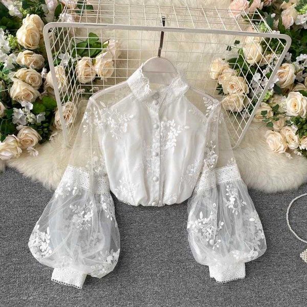

lady retro mesh lace #039;s stand collar 3d embroidered long lantern sleeve court slim shirt elegant blouse 210601, White