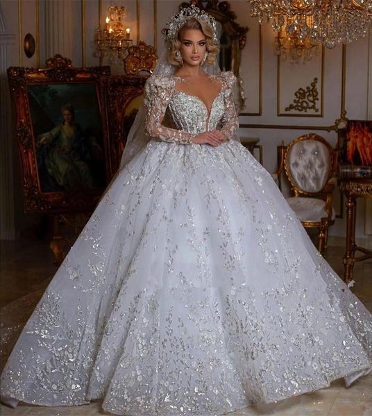 

princess ball gown wedding dress 2022 sheer neck beaded long sleeve vestido de novia plus size lace appliqued bridal gowns, White