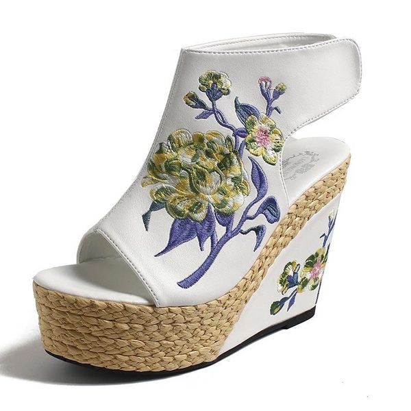 

dress shoes 2021 national wind straw embroidery fashion sandals platform women high-heel wedges genuine leather, Black