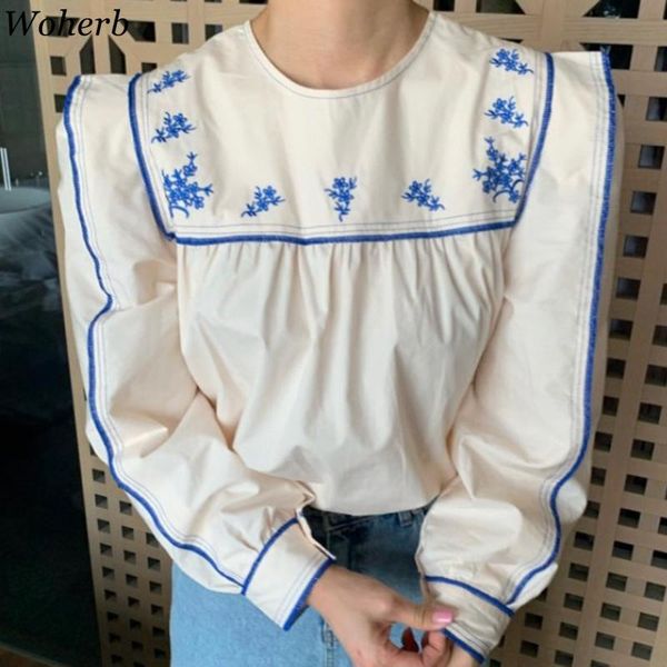 

woherb vintage korean blouse chic emberoidery floral shirts rim contrast color blouses ladies o-neck puff sleeve blusas women's &, White