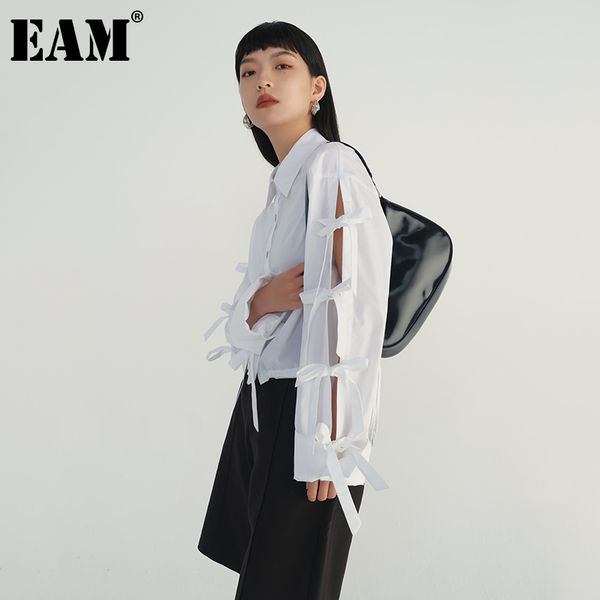 

[eam] women white bow bandage big size blouse lapel long sleeve loose fit shirt fashion spring autumn 1dd5831 21512