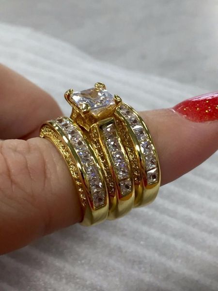 

cluster rings handmade 925 silver & 14kt gold ring set luxury 20ct 7*7mm princess-cut diamond cocktail wedding for women 3-in-1 gift, Golden;silver