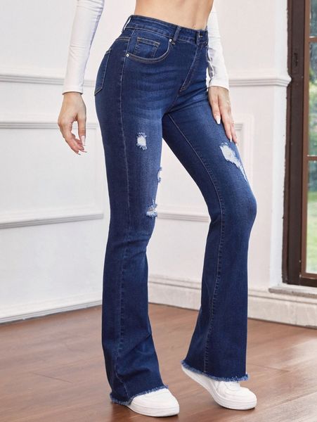 

high waist ripped raw trim flare leg jeans k69x#, Blue