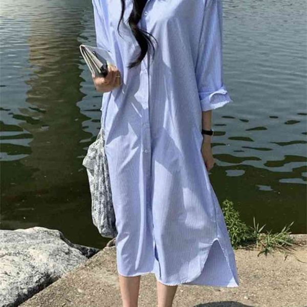 

long shirts dress for women loose cotton striped midi dresses blue red clothes summer fall harajuku vintage blouse 210607, Black;gray