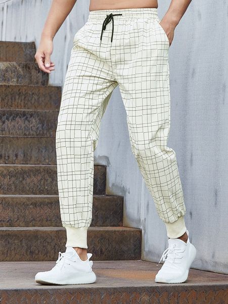 

men geo print drawstring waist pants k8vd#, Black