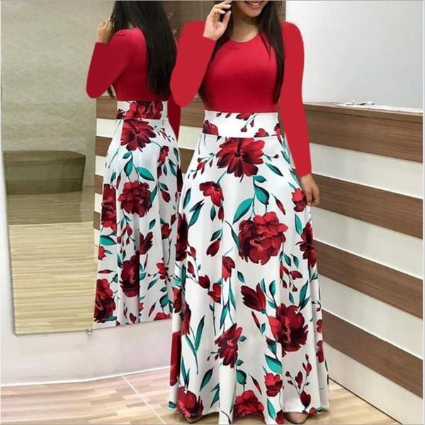 

spring autumn for women casual long sleeve o-neck tunic patchwork es fashion vintage print maxi vestidos, Black;gray