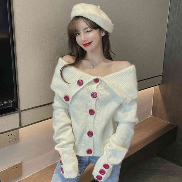 

women's knits & tees autumn/winter lapel single-breasted short cashmere womens sweet warm outerwear 7ali, White