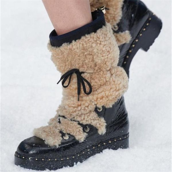 

boots fashion warm fur decor short snow lace up ankle for women runway design rivet stud thick sole shoes woman 2021, Black