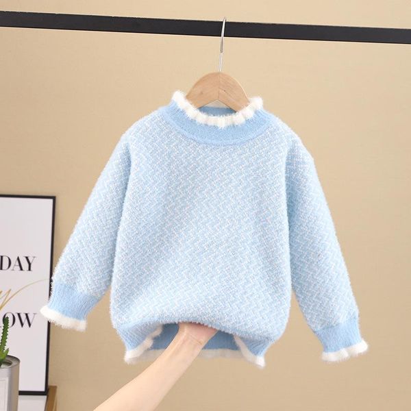 

pullover winter 1-12 year old children's solid color sweater girl's lace round neck baby casual loose plush thermal, Blue
