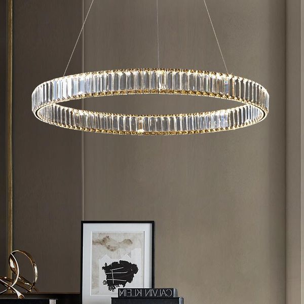 

pendant lamps modern luxury crystal ring circle light stair living room suspension hang lighting led stainless steel round lamp