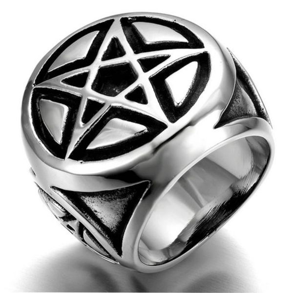 

cluster rings men's silver color pentacle pentagram star stainless steel biker ring, Golden;silver