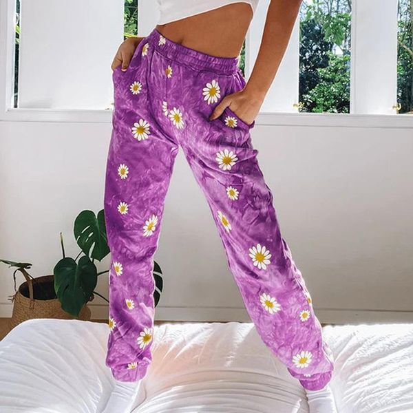 

women's pants & capris plus size women sweatpants fashion tie dyeing daisy flowers elastic waist joggers trousers streetwear ladies loo, Black;white