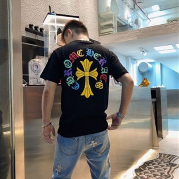 

fashion outlet 21ss chrome ing xiachao ch classic horseshoe color sanskrit cross short sleeve men's and women's loose t-shirt coup, White;black