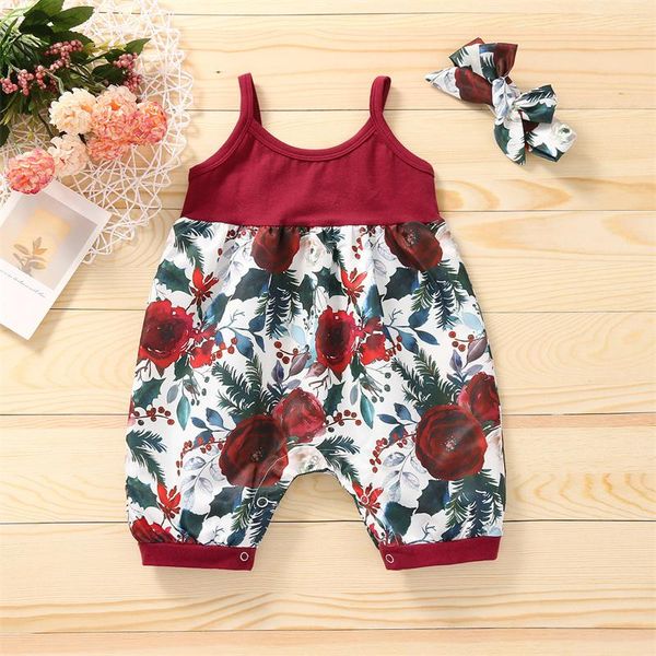 

clothing sets breathable baby girls outfit infant summer creative floral printing splicing sleeveless suspender jumpsuit + bow headwear set, White