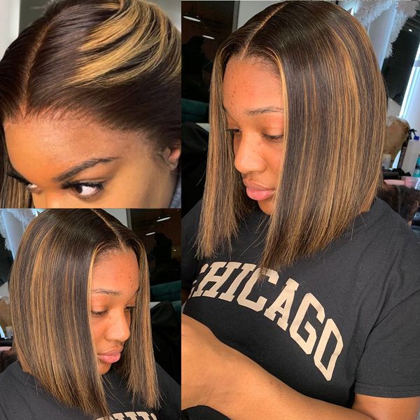 

short bob 13x4 lace front human hair wigs highlight straight front wig glueless ombre pre plucked hd lace remy hair for women, Black