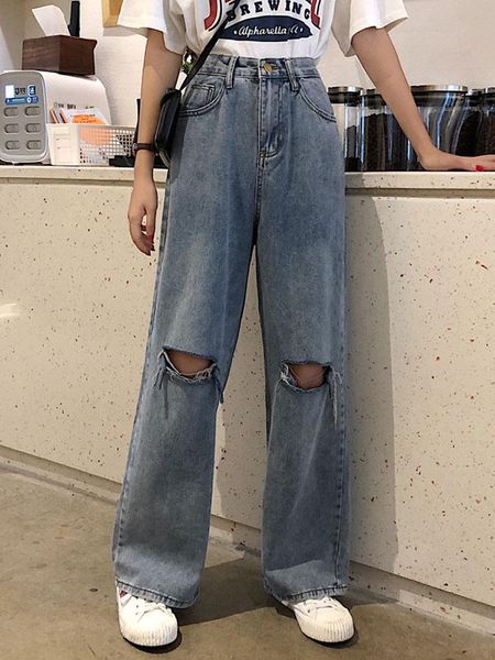 

women's jeans whcw cgdsr straight woman denim pants women vintage trousers 2021 autumn winter high waist korean style streetwear, Blue