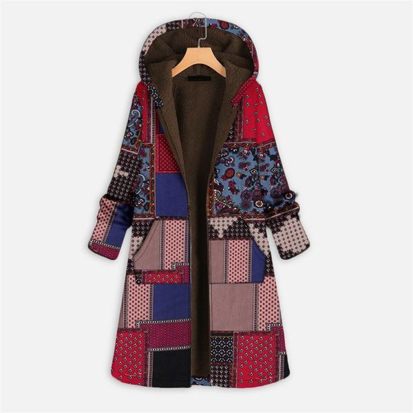 

women's jackets color block print jacket women vintage pockets long sleeve zipper overcoat hooded coat autumn winter outerwear, Black;brown