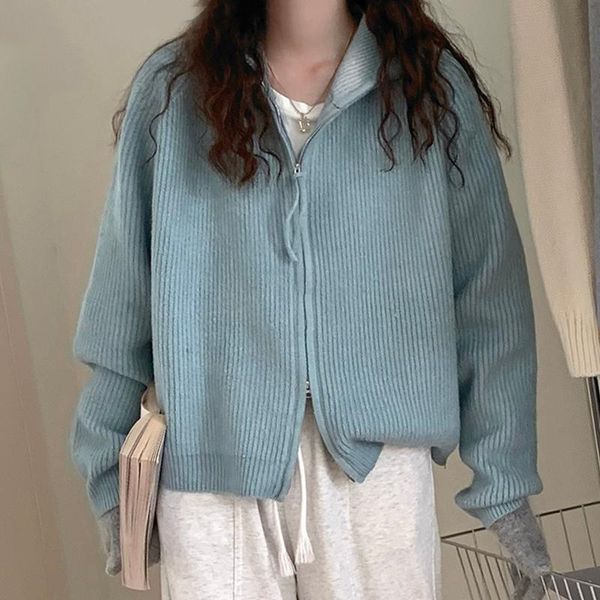 

women's jackets woman jacket 2021 korean fashion elegant wild solid stand-up collar pit strip zipper loose knit cardigan sweater, Black;brown