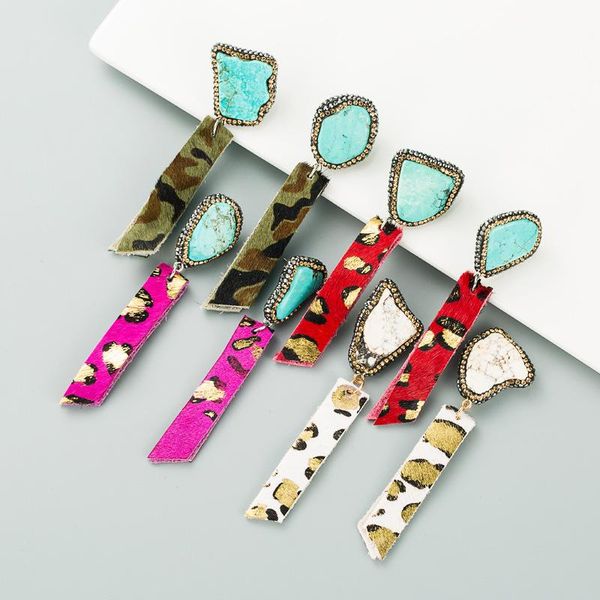 

fashion leopard print drop earringslong fringed leather irregular natural stone covered full exaggerated earrings dangle & chandelier, Silver