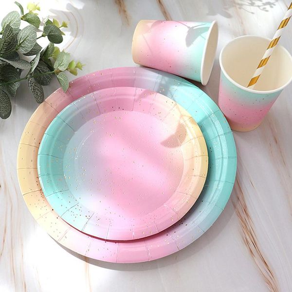

disposable dinnerware rainbow graduation color party tableware birthday paper plate dessert table cake cup for wedding supplies