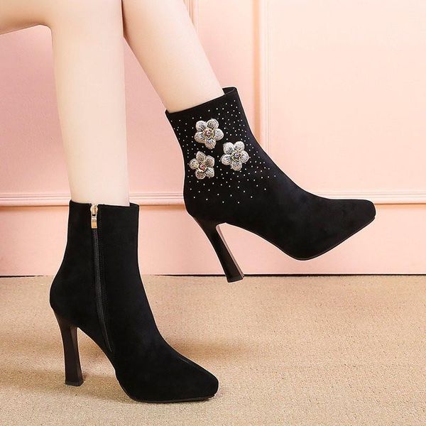 

boots 2021 women ankle winter fashion suede leather high heel ladies shoes for black size 35