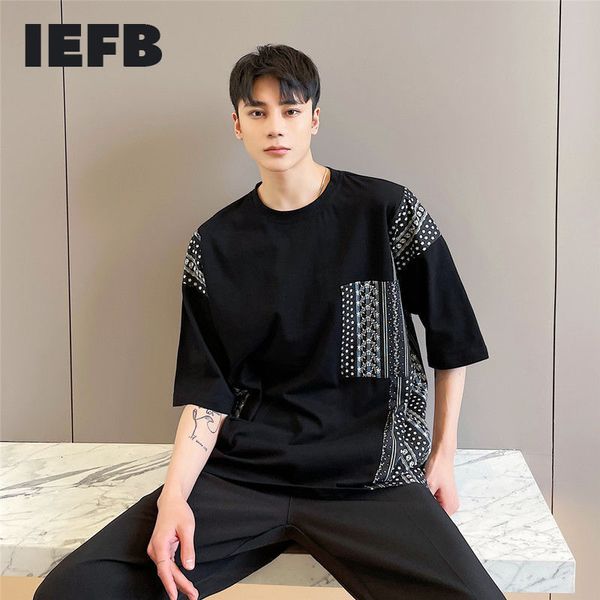 IEFB Yaz erkek Tee Tops Gevşek Rahat Dikiş Desen Yuvarlak Boyun Kısa Kollu Kore Streetwear Kısa Kollu T-Shirt 210524