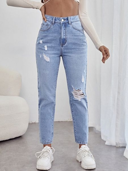 

high waist ripped mom jeans n5pw#, Blue