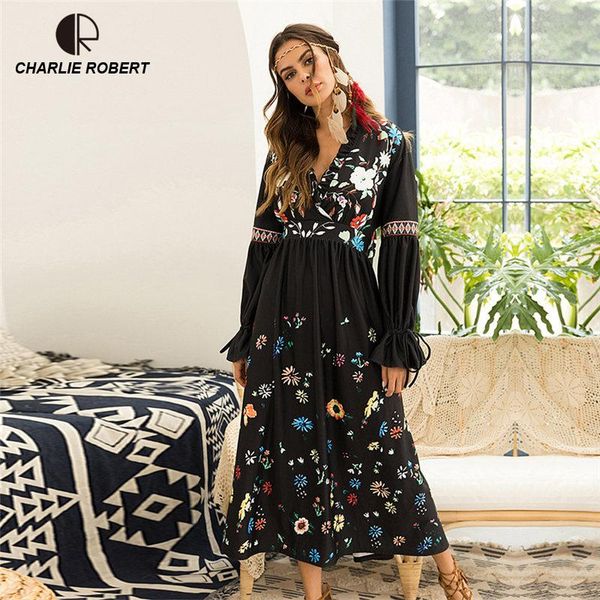 

casual dresses cr bohemian winter dress women v neck long 2021 autumn lantern sleeve party full maxi, Black;gray