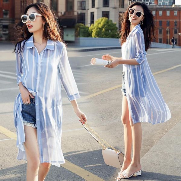 

women's blouses & shirts summer chiffon blouse printed cardigan sunscreen flowers full sleeve clothing long female fashion loose large, White