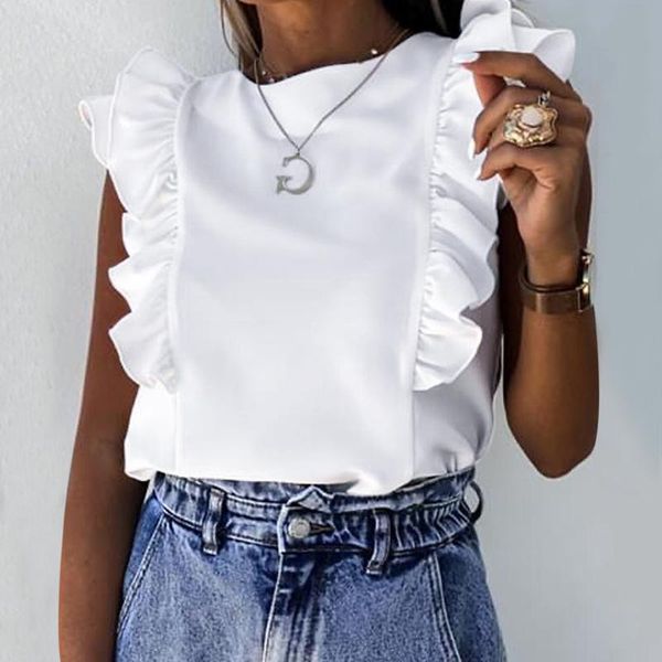 

women's blouses & shirts fashion ruffle blouse women short sleeve shirt summer o-neck solid casual office blusa streetwear, White