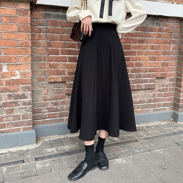 

skirts 2 colors sml 2021 spring autumn female long women korean style high waist a line pleated midi skirt womens (71091), Black