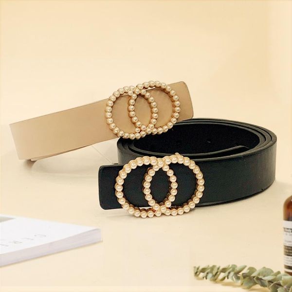 

belts design double inlaid pearl for women female thin waistband waist strap jeans dress girls, Black;brown